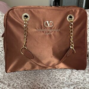 Valentino Garavani Satin Brown Shoulder Bag with Gold Chain